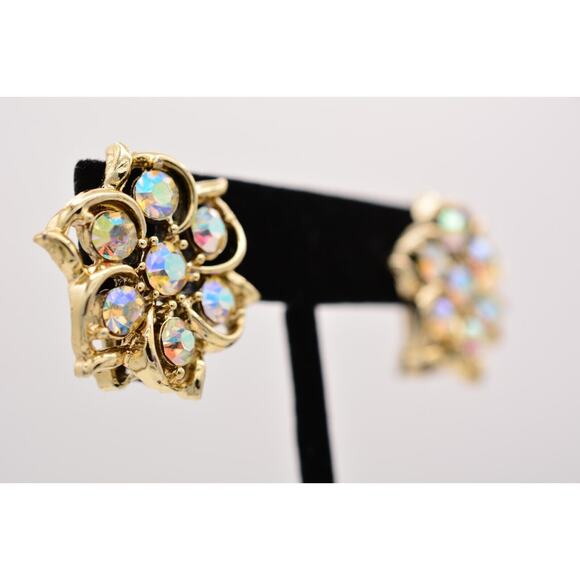 Vintage Crystal Clip On Earrings Flower Rhinestone Aurora Borealis Gold 60s BinZ - Picture 4 of 12